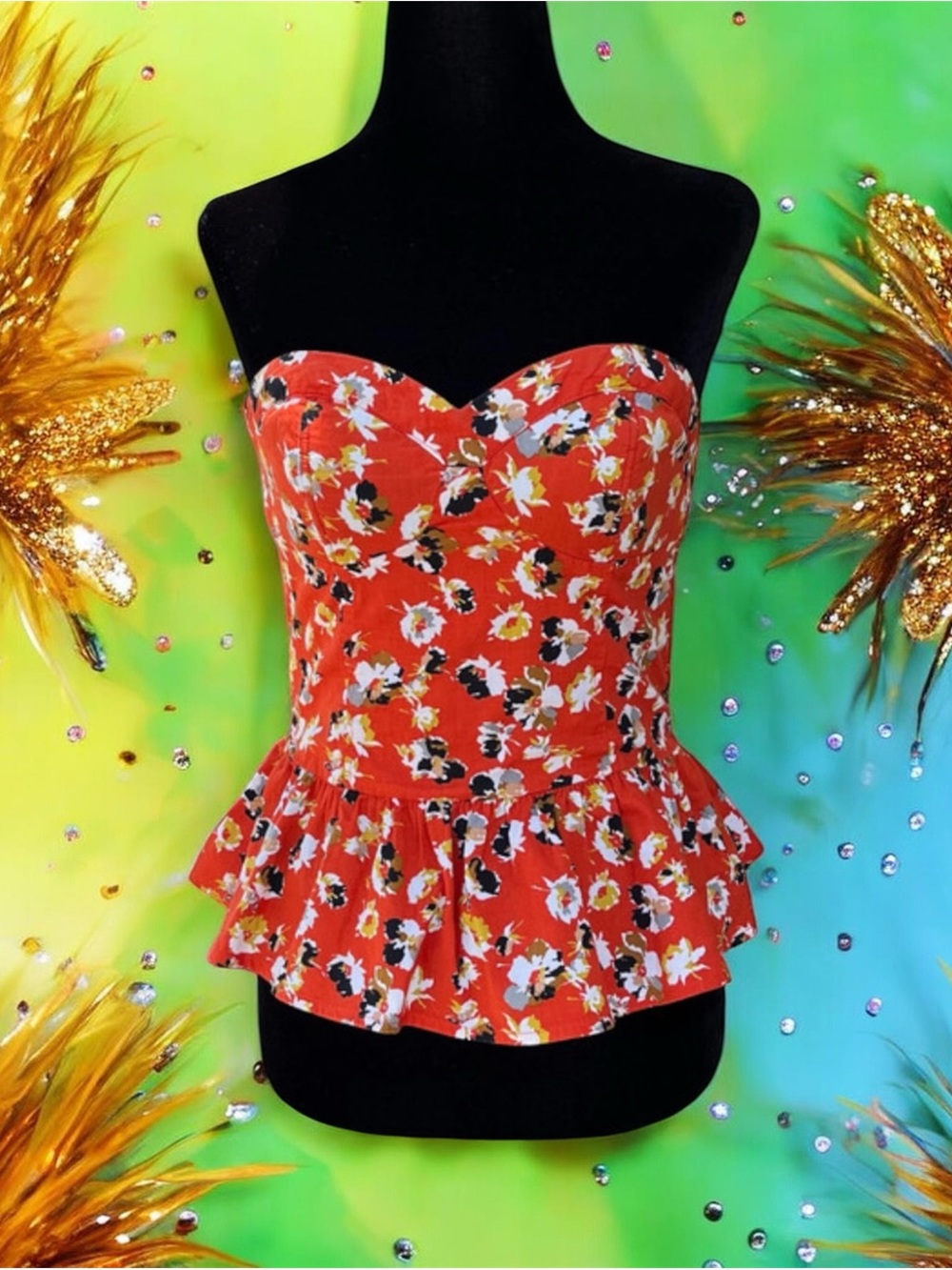 Xhilaration Strapless Orange Flower Print Top Women Size Small